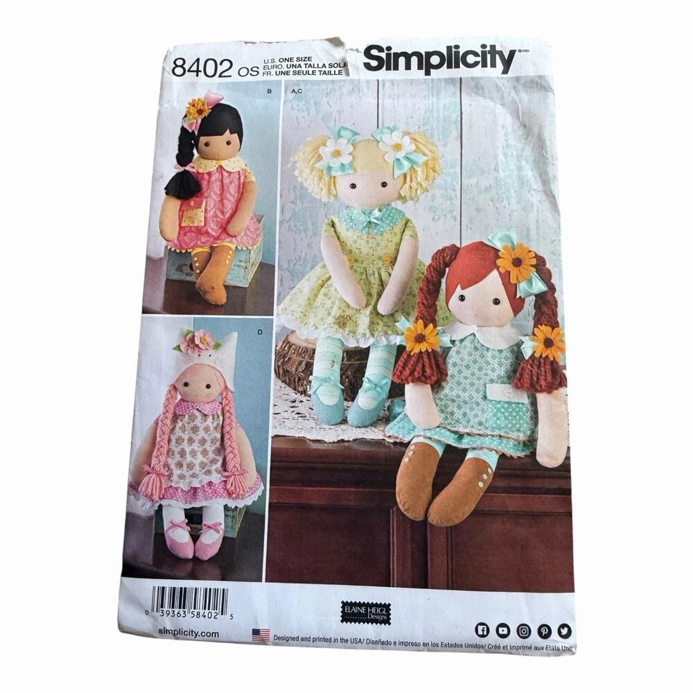 Simplicity 8402 Rag Doll Sewing Pattern Soft Dolls One Size Complete Cut